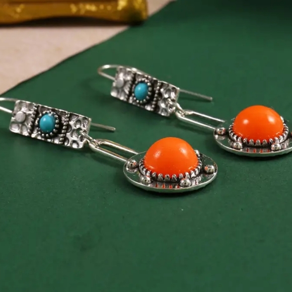 Bohemian Coral Color Drop Earrings Zinc. Vintage Hook Earrings. - Picture 5 of 7